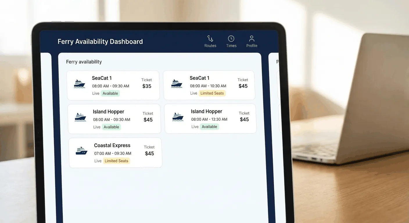 Real-time availability dashboard showing ferry schedules and price comparisons