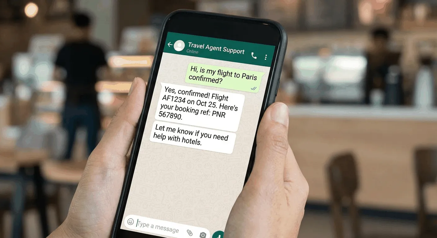WhatsApp conversation with travel support agent showing real-time 24/7 assistance