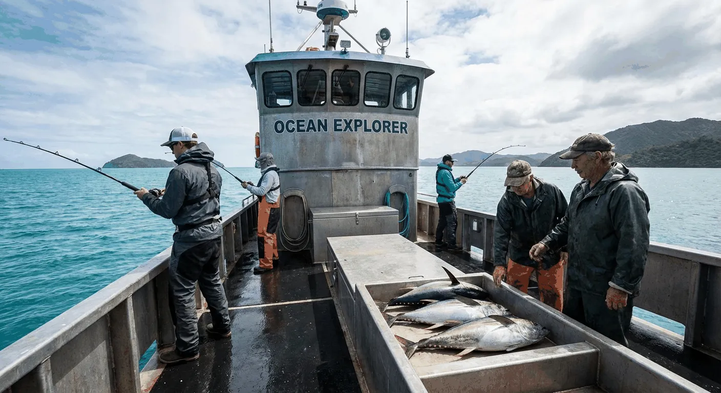 Fisherman on boat reeling in catch with tropical sea and islands in background