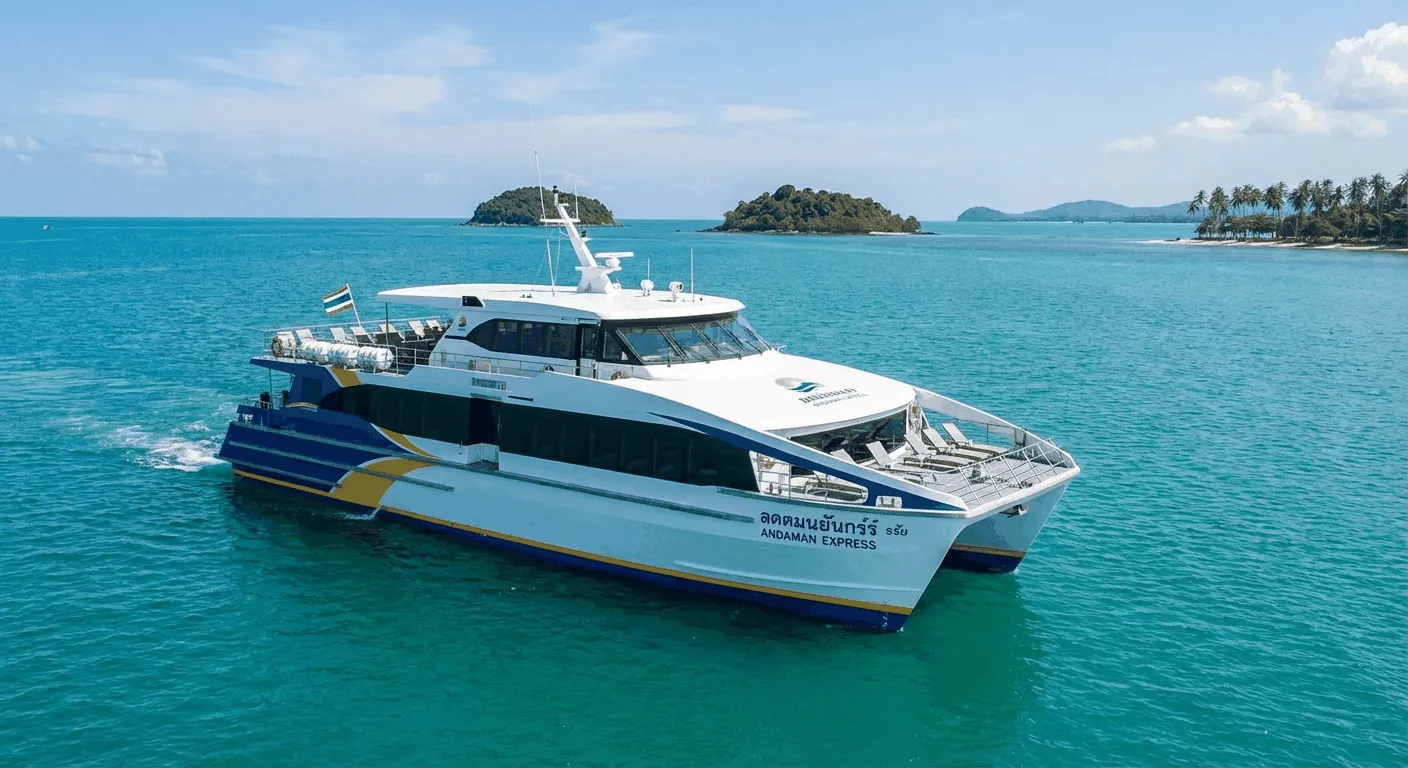 Modern ferry boat sailing in clear Thailand waters with passengers on deck